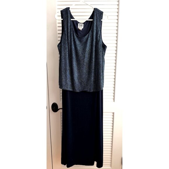 R&M Richards Woman 18W Navy Blue Sleeveless Long Dress Metallic Overlay Formal - Picture 1 of 6